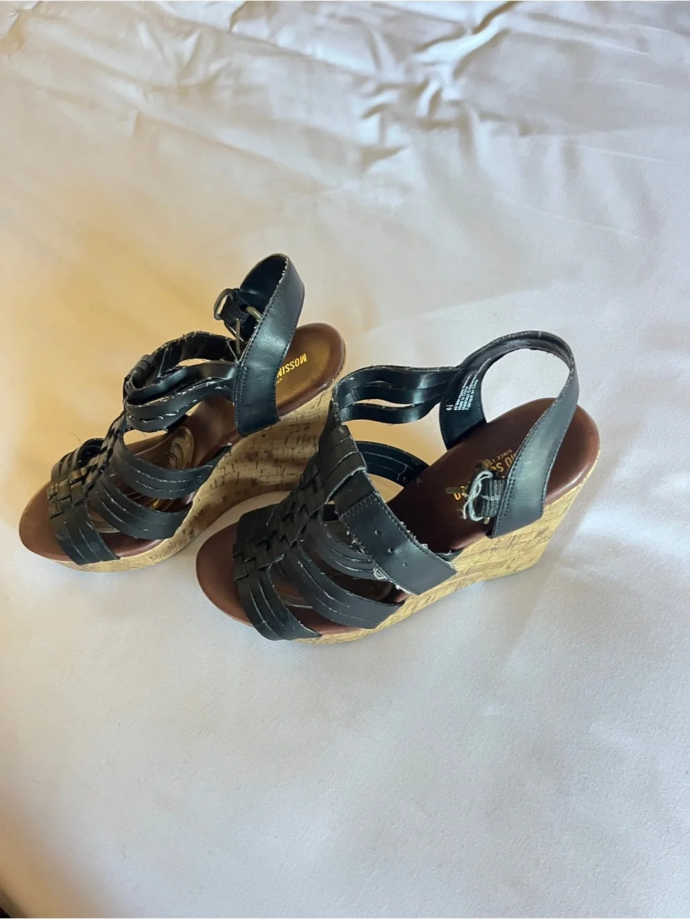 Mossimo Supply Co Black Cork Wedge Sandals Size 6.5 Strappy Heel 👡